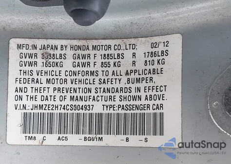 2012 Honda Insight Ex z USA, uszkodzony, nr VIN JHMZE2H74CS004937